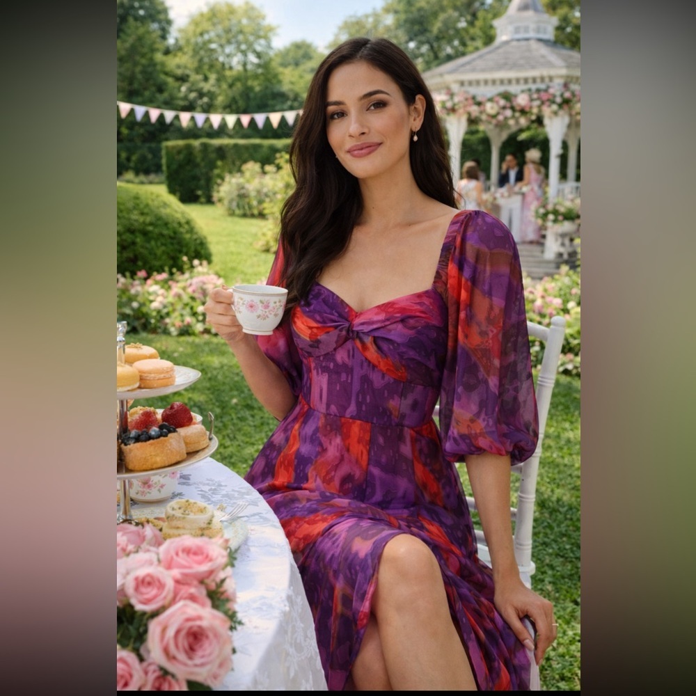 Anthropologie Purple Red Floral Maxi Dress Puff Sleeve Twist Front